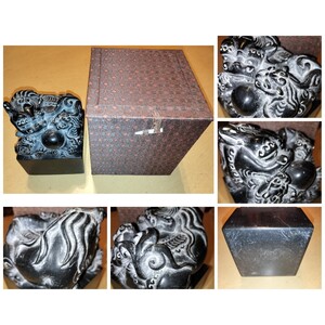 [未使用] 特大 印材 10cm×10cm 黒石 獅子鈕 黒緑石 素石 中国 美術 篆刻 書道 細密 彫刻 展覧会 展示 飾物 篆刻家 印章 印鑑 美材 箱付き