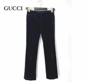 A5860/正規品 秋冬 厚手 GUCCI グッチ コットン ベロア ベルベット 光沢 トラウザーズ スラックス パンツ 38 黒/イタリア製 レディース