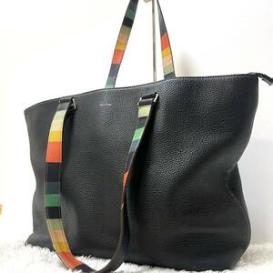 美品 Paul Smith ポールスミス メンズ トートバッグ ビジネスバッグ マルチストライプ シティエンボス レザー ブラックショルダーバッグ