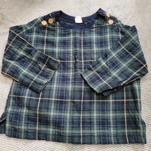 cottoli コトリ birthday 綿100％ ナチュラル男の子服 7分袖？カットソー 秋柄 チェック 95 モスグリーン トップス プティマイン 無印好き