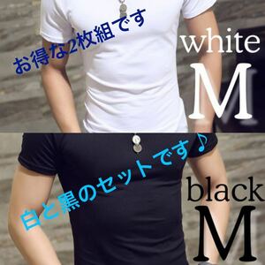 l【2枚組】メンズ　半袖　M　タイト　Tシャツ シンプル　無地 クルーネック 春　夏 ホワイトとブラック