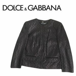 新品 定価40万 DOLCE&GABBANA イントレチャート 編み込み ラムレザー ライダース ジャケット ノーカラー 長袖シャツ レディース36 羊革 X