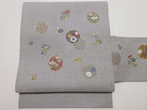 ドークブア■九寸名古屋帯　紬地　雪輪に花　手刺繍　水色　極上の逸品　B21