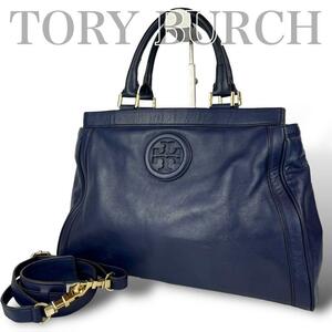 良品 Tory Burch トリーバーチ　2way ショルダーバッグ 斜め掛け ロゴ A4 紺