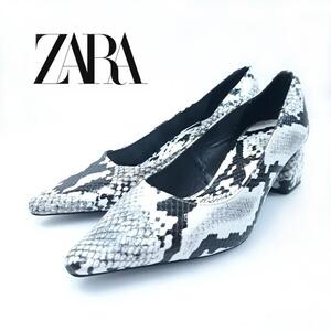 hws00977 美品 ザラ ZARA TRAFALUC パンプス パイソン EU35 ポインテッドトゥ チャンキーヒール モノトーン