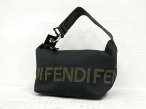 ◆FENDI フェンディ◆ナイロン カーフ レザー 本革◆ミニ ハンド バッグ◆ブラック ブラウン シルバー金具◆腕掛け◆A5531