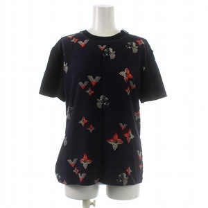 ルイヴィトン LOUIS VUITTON 21SS Tシャツ カットソー 半袖 モノグラム ビジュー プリント 総柄 シルク 切替 M 黒 ブラック 紺 ネイビー /A