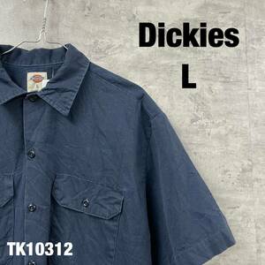 Dickies ディッキーズ ネイビー ワークシャツ 半袖 L メンズ コットン 春夏 無地 両胸ポケット RN20697 USA 海外輸入 古着 TK10312