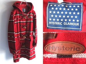 希少 90sビンテージ HYSTERIC GLAMOUR ヒステリックグラマー レザーロゴワッペン ボーダー ウールメルトン 中綿入り ダッフルコート FREE