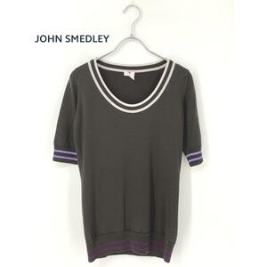 A9468/美品 春夏 JOHN SMEDLEY ジョンスメドレー ウール Uネック 半袖 ニット セーター S 茶 英国製 イギリス製 レディース カーディガン