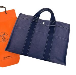 HERMES エルメス ドーヴィルMM ネイビー キャンバス トートバッグ ハンドバッグ シルバー金具　紺