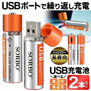 ◆送料無料/規格内◆ USB充電 充電池 2本 単3形 USB直結 バッテリー 500回 ポリマーリチウムイオン くり返し使える 長寿命 ◇ SORBO:単四形