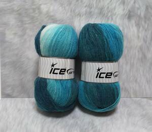 輸入　毛糸　Ice Yarns　アンゴラバティーク　アンゴラ20％　ウール20％　100g×2個セット　ターコイズ＆エクリュ　トルコ　海外