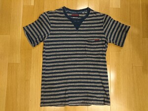 【美品】BLUE BLUEブルーブルー 日本製インディゴ染×ボーダー半袖Tシャツ サイズ１ Sサイズ相当 送料レターパック370円～