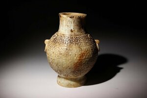 ☆寒椿☆白玉壺　古代文様　高さ約20.6cm　(検)双耳 古代文字 白玉 古玉 壺 花器 花瓶 唐物 中国美術 古美術