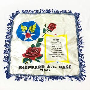 ■ビンテージ USAF SHEPPARD A.F. BASE TEXAS フリンジ付き ピロケース 雑貨 インテリア カバー ホワイト サテン■