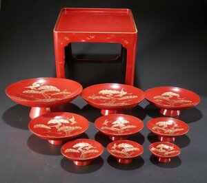 【夢讃岐】時代逸品／ 木製漆器　沈金大盃9組揃/杯台　Φ275-80 H105-30 ux375