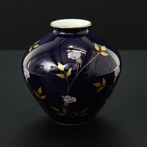 ◎525027 美品 香蘭社 瑠璃 金彩 ピンクローズ 薔薇 花瓶 口径約6.5cm 高約16.5cm フラワーベース 花器 花入