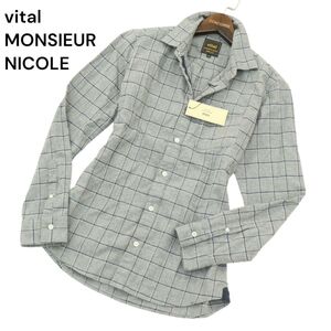 【新品 未使用】 vital MONSIEUR NICOLE ムッシュ ニコル 秋冬 長袖 スリム チェック ネル シャツ Sz.46　メンズ グレー　A4T05391_5#B