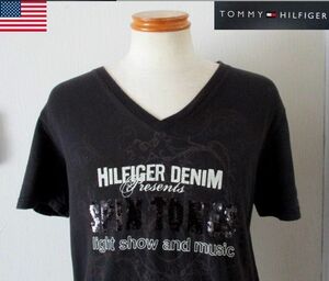 ★ メンズ トミーヒルフィガー デニム TOMMY HILFIGER DENIM スパンコール デザイン 半袖 カットソー US M（日本Ｌサイズ）ブラック 