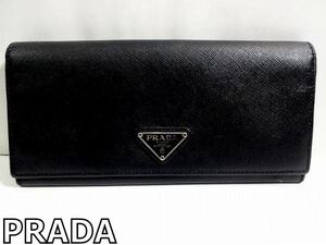 X5A027◆本物美品◆ プラダ PRADA イタリー製 本革レザー ブラック トライアングルロゴ 小銭入れあり 二つ折り 長財布 財布