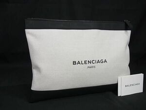 1円 ■極美品■ BALENCIAGA バレンシアガ 373834 ネイビークリップM キャンバス×レザー クラッチバッグ アイボリー系×ブラック系 BI5313