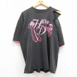 XL/古着 ハーレーダビッドソン 半袖 ビンテージ Tシャツ メンズ 90s ビッグロゴ バラ 羽 大きいサイズ コットン クルーネック 黒 ブラ