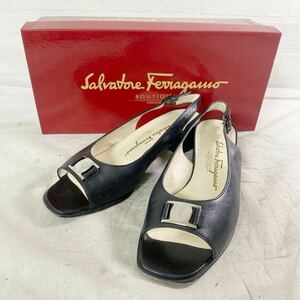 3978☆ Salvatore Ferragamo サルヴァトーレ フェラガモ シューズ 靴 レザー オープントゥ レディース 6.5 ブラック 箱付き