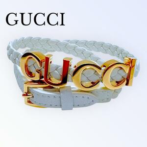 グッチ GUCCI レザーブレスレット ロゴブレスレット 2連 ダブル 編み込み ホワイト ゴールド金具