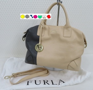 〔COLOURS〕 バイカラー■カーフ■ハンド／ショルダー ２ＷＡＹバッグ■ベージュ×グレー■ＦＵＲＬＡ