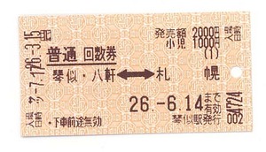 ☆☆使用済み　ＪＲ北海道　回数券　琴似・八軒－札幌　二駅併用☆☆