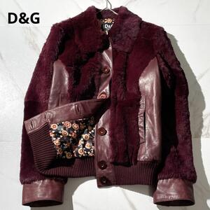 希少色◎DOLCE&GABBANA ドルチェアンドガッバーナ D&G レザージャケット ファー 裏総柄 ボルドー 本革 ラビットファー レディース 花柄 