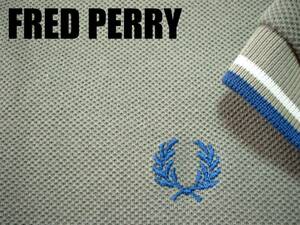 FRED PERRY淵ラインポロシャツXL杢グレーx白ホワイトx青ブルーO正規フレッドペリーPOLOブランド月桂樹ワンポイント刺繍