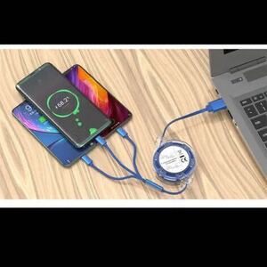 新品 ブルー　3in1 iPhone Android GALAXY マイクロUSB Cケーブル　充電コード　充電器　モバイルバッテリー　ケーブル　充電ケーブル