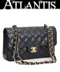 未使用 シャネル CHANEL マトラッセ23 Wフラップ チェーンショルダーバッグ キャビアスキン 黒 G金具 【65173】