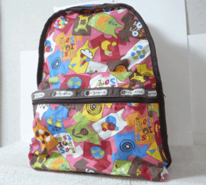 ☆美品☆　レスポートサック　LESPORTSAC　ナイロン　マルチカラーシャツ柄　ダークブラウン系　リュックサック　レディース