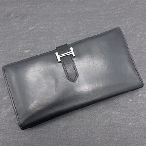 1円 美品 エルメス □G刻印 ベアン 大容量 三つ折り ボックスカーフ レザー 長財布 黒 H金具 三折 メンズ 3つ折り *799