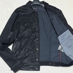 極美品/XL相当●DIESEL ディーゼル デニムジャケット Gジャン コーティング加工 光沢 ジョグ jogg ストレッチ レザーパッチ ロゴ ブラック