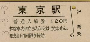 ◎ ＪＲ 東　 東京 【 普通入場券 】　Ｈ３.３.３ 　東京 駅 発行 　鋏無し