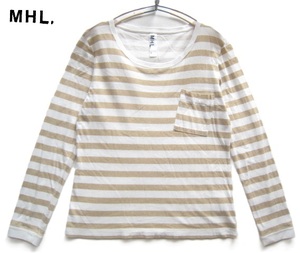 美品!!MARGARET HOWELL MHL. マーガレットハウエル*胸ポケット付き ボーダー柄カットソー・長袖Tシャツ 2 レディースM 白×ベージュ