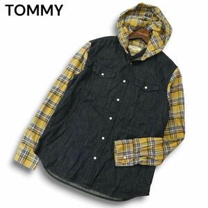 TOMMY トミー ヒルフィガー インディゴ デニム 切替★ 長袖 フーディー ワーク チェック ネル シャツ パーカー Sz.L　メンズ　A4T10929_A#C