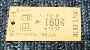 JR東日本　１６０円区間乗車券　平成２２年　蒲田駅発行