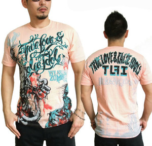 TRUE LOVE & FALSE IDOLS トゥルーラブ メンズ半袖Tシャツ サーモンピンク M Made in USA 新品 Rock