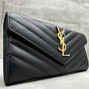 1円■美品■ SAINT LAURENT PARIS サンローラン YSL キャビア フラップ 長財布 ロングウォレット レザー レディース メンズ 男女兼用 黒