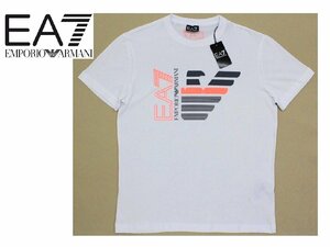 4万新品◆L◆【EMPORIOアルマーニ EA7】ストレッチ イーグルロゴ 白Tシャツ ホワイト×ネオンオレンジ 1円