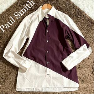 美品●PAUL SMITH ポールスミス 配色シャツ 切替デザインシャツ ドレスシャツ カットソー 長袖 バーガンディ 白トップス M メンズ 日本製