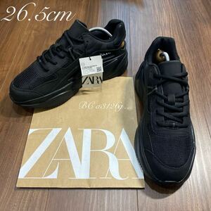 新品 ZARA TECHINICAL INSOLE FORM 異素材コンビスニーカー 26.5cm 41 ALL BLACK メンズ ザラ スニーカー シューズ モード 厚底 軽量