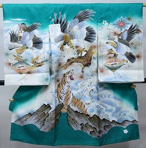 お宮参り 産着 のしめ 男児 男の子 正絹 綸子地 金刺繍 豪華絢爛 緑地 鷹 祝着 一つ身 掛け着 熨斗目 新品 (株) 安田屋 NO41135