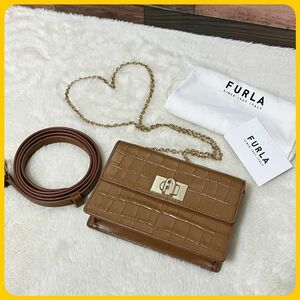 未使用級 FURLA チェーン 4way ショルダーバッグ ターンロック クロコ