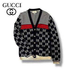 【美品】GUCCI グッチ コットン ニット カーディガン ジャケット GG柄 総柄 GGジャガード シェリー ネイビー ホワイト Mサイズ イタリア製